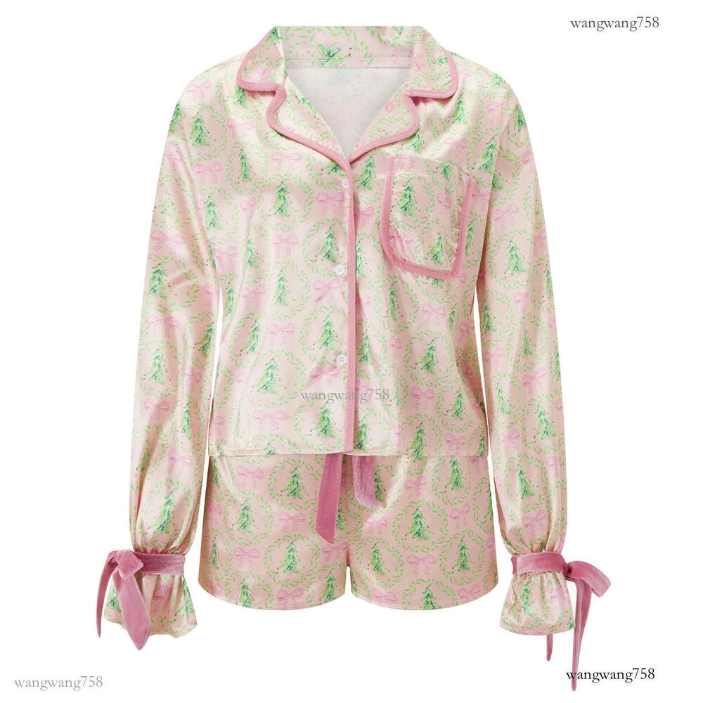 Hirigin Women 2 Piece Christmas Pajamas Set Bow Tie Long Sleeve Button Shirt Ruffle Shorts Colorful Print Pjs Sets Sleepwear 241112