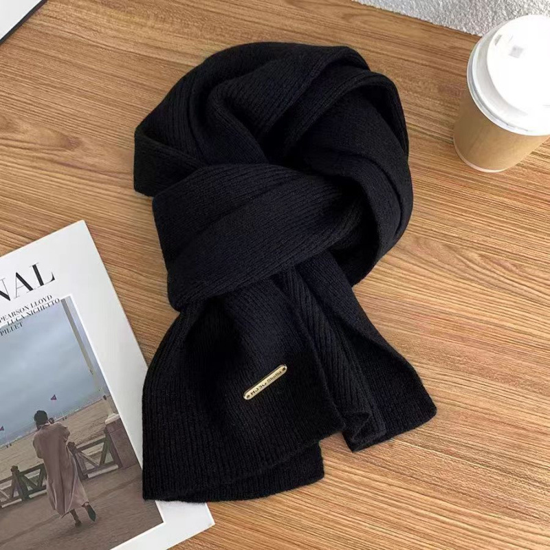 Scarf female winter new wool knit solid color small scarf tide thick warm all match long neck 2025