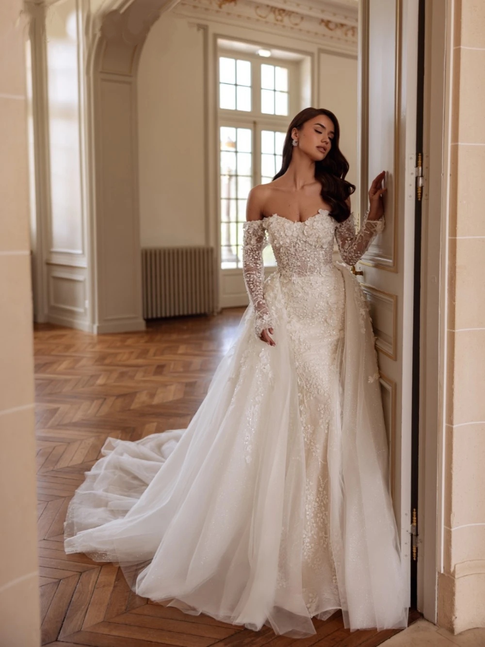 Gorgeous Off Shoulder Wedding Dresses 3D Flowers Bridal Gowns with Detachable Train Long Sleeves Mermaid Customized Vestidos De Novia Plus Size