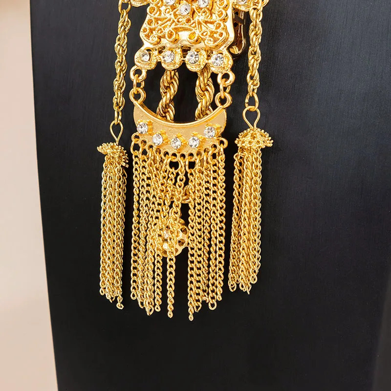 Fatima Store Bridal Chain Necklace Algerian Rhine Stone Arabic Gold Color Slit Tassel Pendant Jewelry Accessory 251028