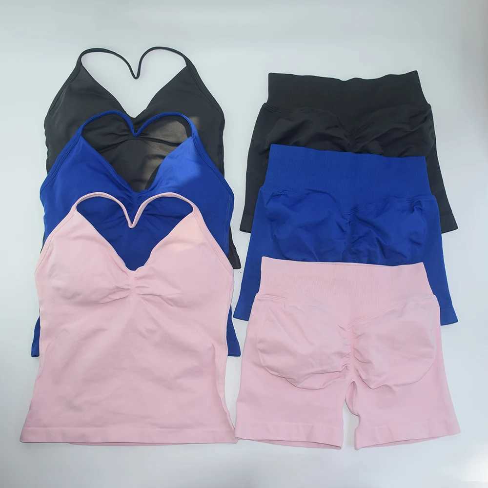 2Pcs Gym Set Women Backless Tank Waist Shorts Gym Suit Fitness Scrunch Seamless Clothes Activewear Workout Set NoXJ251029
