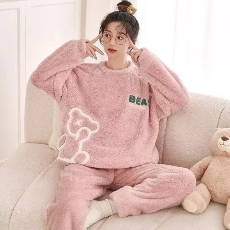 Warm Sleepwear for Winterthickened Flannel Pajamas Student Long Sleeve Cartoon Ladies Loungewear Setpajamas Woman Offer 251029