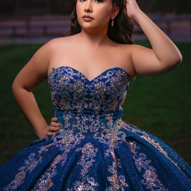 Navy Blue Shiny Ball Gown Quinceanera Dresses Off The Shoulder Applique Lace Beads Tull Party Birthday Sweet 16 Dress Vestidos