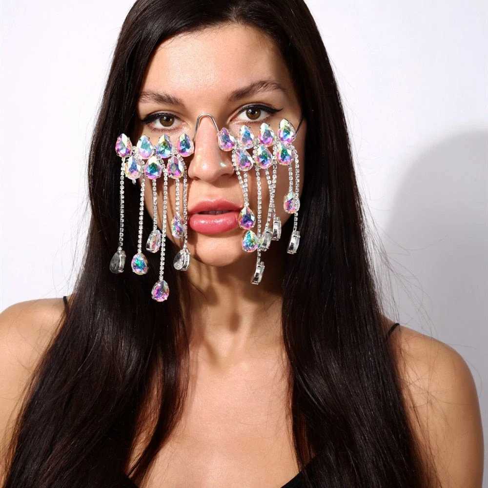 Fashion AB Crystal Glasses Frames Designer Steampunk Sunglasses Frames Tassel Face Chain Jewelry For Women Eyewear DecorationW251029