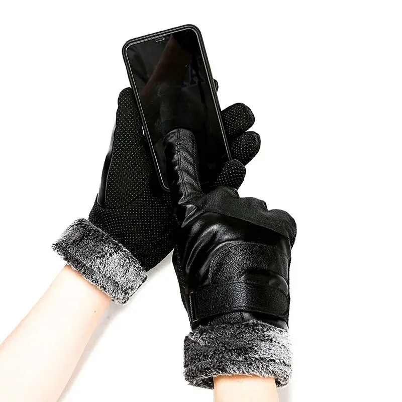 Leather Gloves Mens Winter Fleece Thickened Warm Touch Screen Windproof Waterproof Driving Motorcycle Riding Womens Win 251013