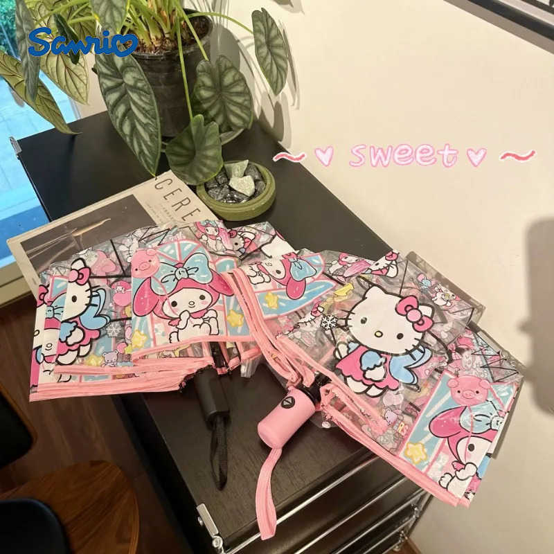Sanrio Sweet Anime Kawaii Ins MINISO Hello Kitty Transparent Umbrella Cute Cartoon Folding Ins Automatic Students Gifts for Girls L251029