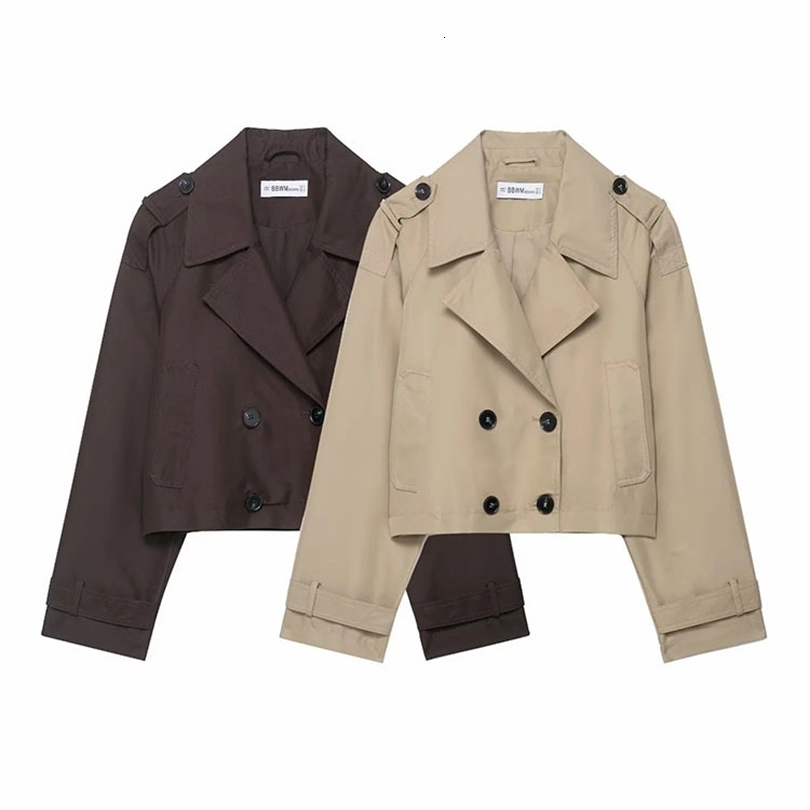 Fashion Lapel Short Trench Coat Double Breasted Pockets Jackets Female Autumn Winter Office Lady Solid Outwear 251021
