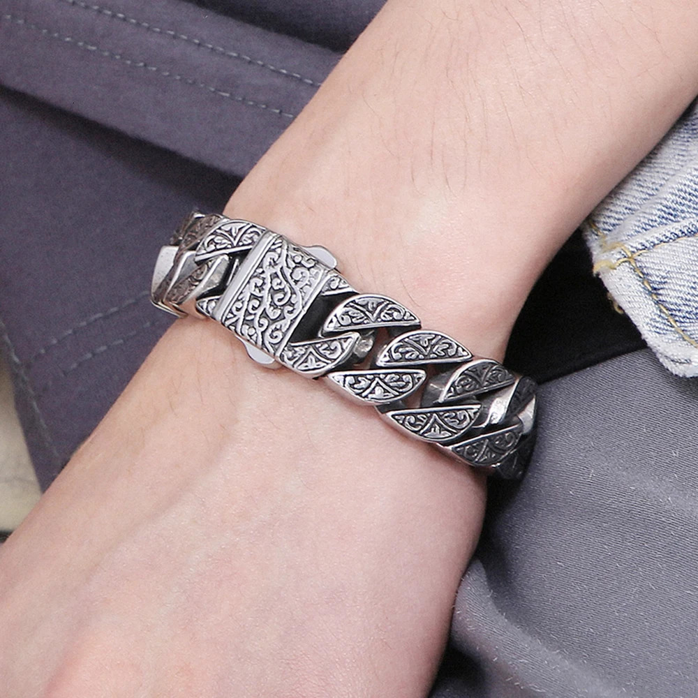 Stainless Steel 17MM Wide Chain Man Bracelet Homme Gold Color Metal Strap Mens Bracelets For Man Products 79 Wholesale 251028