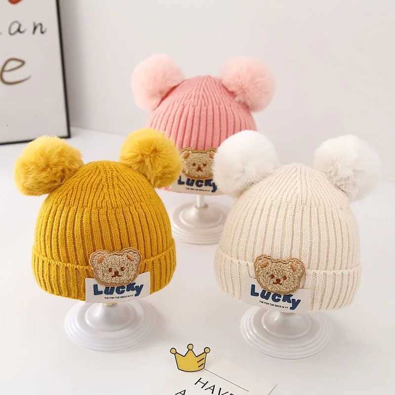 Cute Double Pompom Baby Beanie Cap Korean Bear Toddler Boy Girl Knitted Hat Autumn Winter Warm Infant Ear Protection Bonnet Caps251028