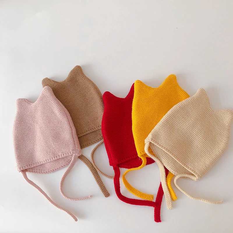 Cute Baby Ear Protection Hat Solid Color Infant Knitted Woolen Hat 624M Kids Winter Warm Tie Headgear Korean Children Beanies251028