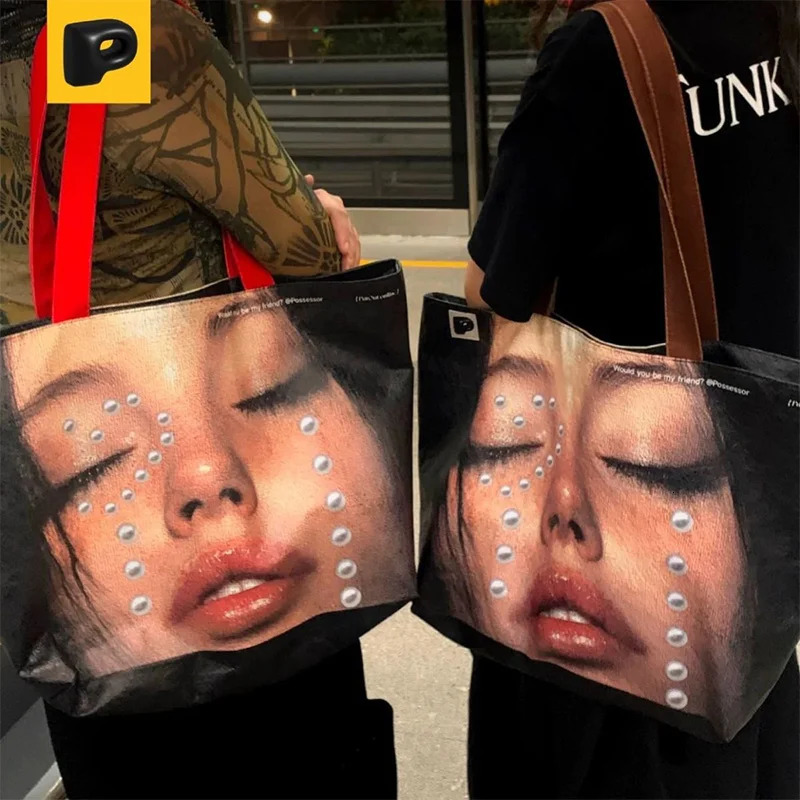 PVC Kraft Paper Shoulder BagPortrait Print Women Tote BagLarge TopHandle HandbagWaterproof Shopping PouchStudent Schoolbag 251029