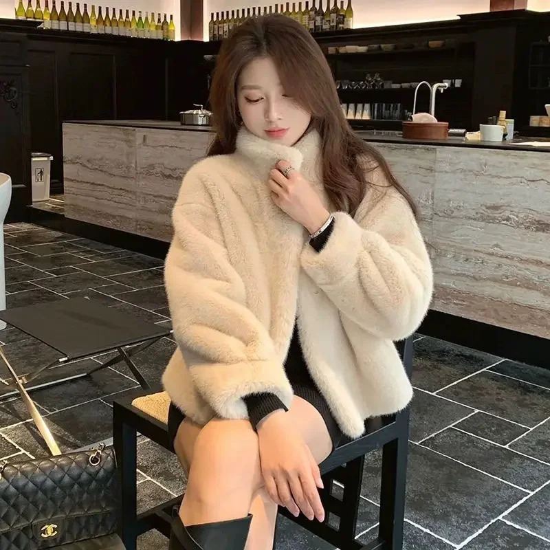 Spring Autumn Lady Short Leather Fur Outwear Women Fashion Stand Collar Mink Fur Top Female Long Sleeves Fox Jacket 251029