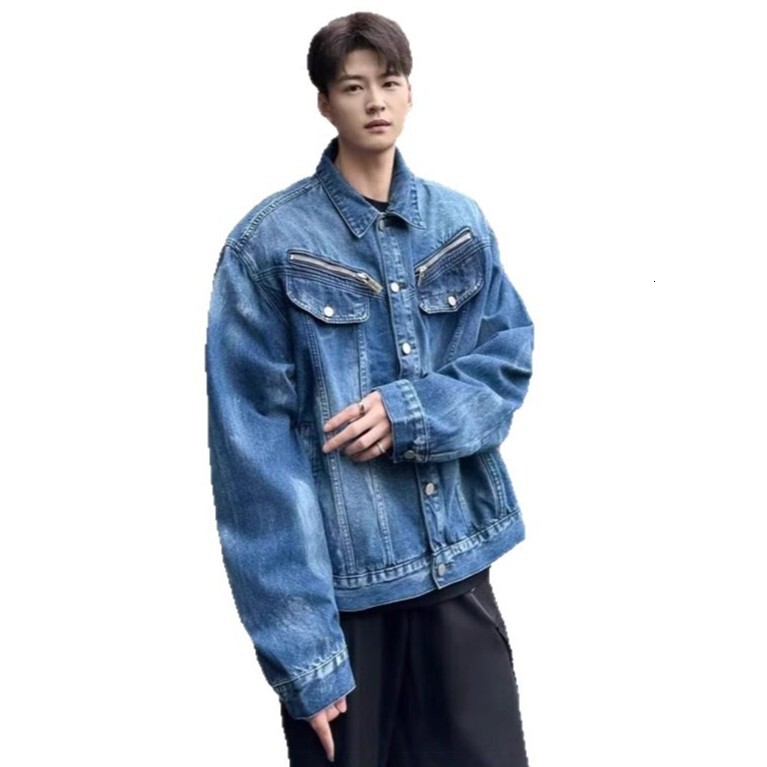 Trendy High Street Tie-dye Denim Jacket For Men American Casual Zipper Designer Jacket Design Cool Loose Workwear Jacket