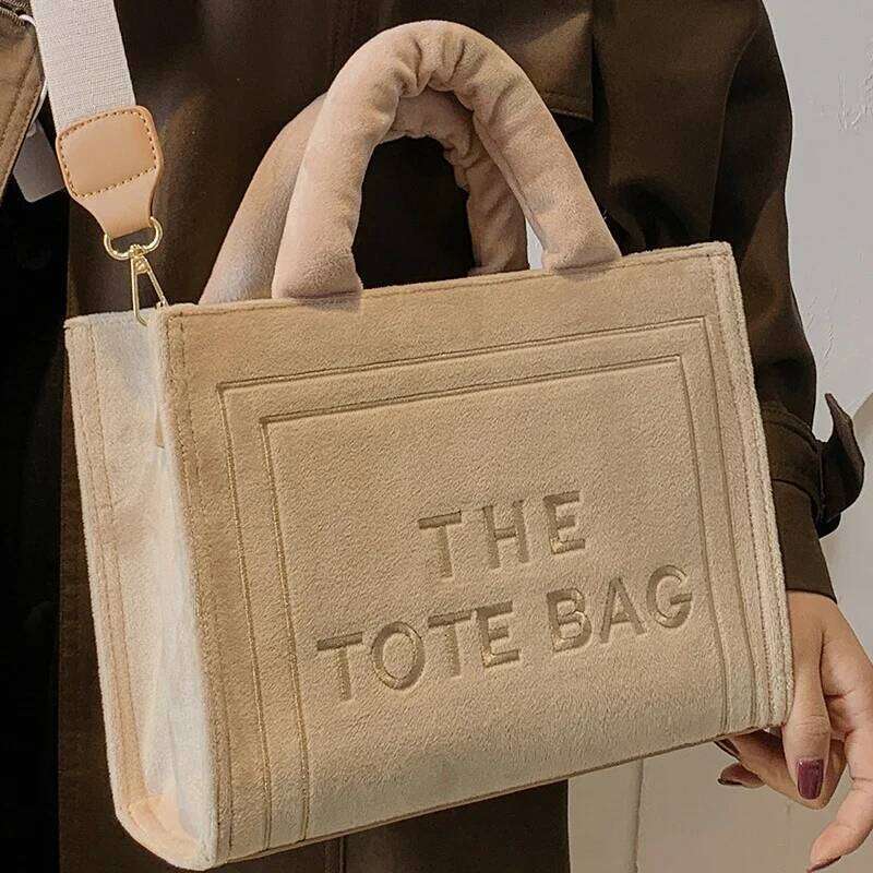 Women's Khaki Velour Tote Bag Original Letter Print Ladies Brand Shopper Handbag Female Square Medium Shoulder Bags 251029