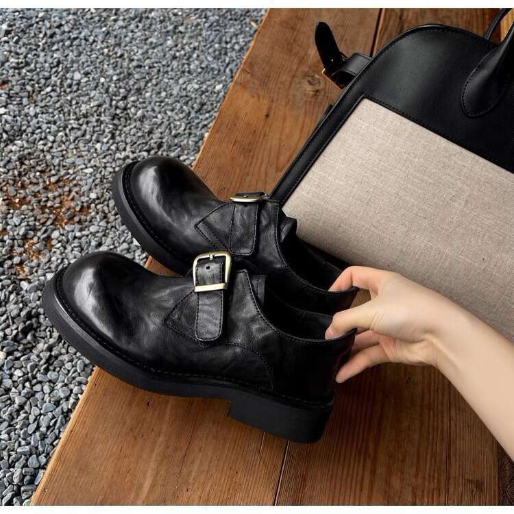 British Thick-Soled Leather Shoes New Belt Buckle Slip-On Loafers Designer Shoe Women's Style