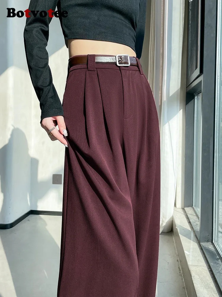 Botvotee Burgundy Suits Pants for Women Office Lady Elegant High Waist Wide Leg Fashion Trousers with Pockets Black Gray 251029
