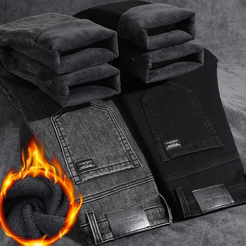 Winter Warm Jeans Mens Slim Straight Elastic Denim Pants Casual Male Clothing Fashion Plush Trousers Fashion Jeans 251029