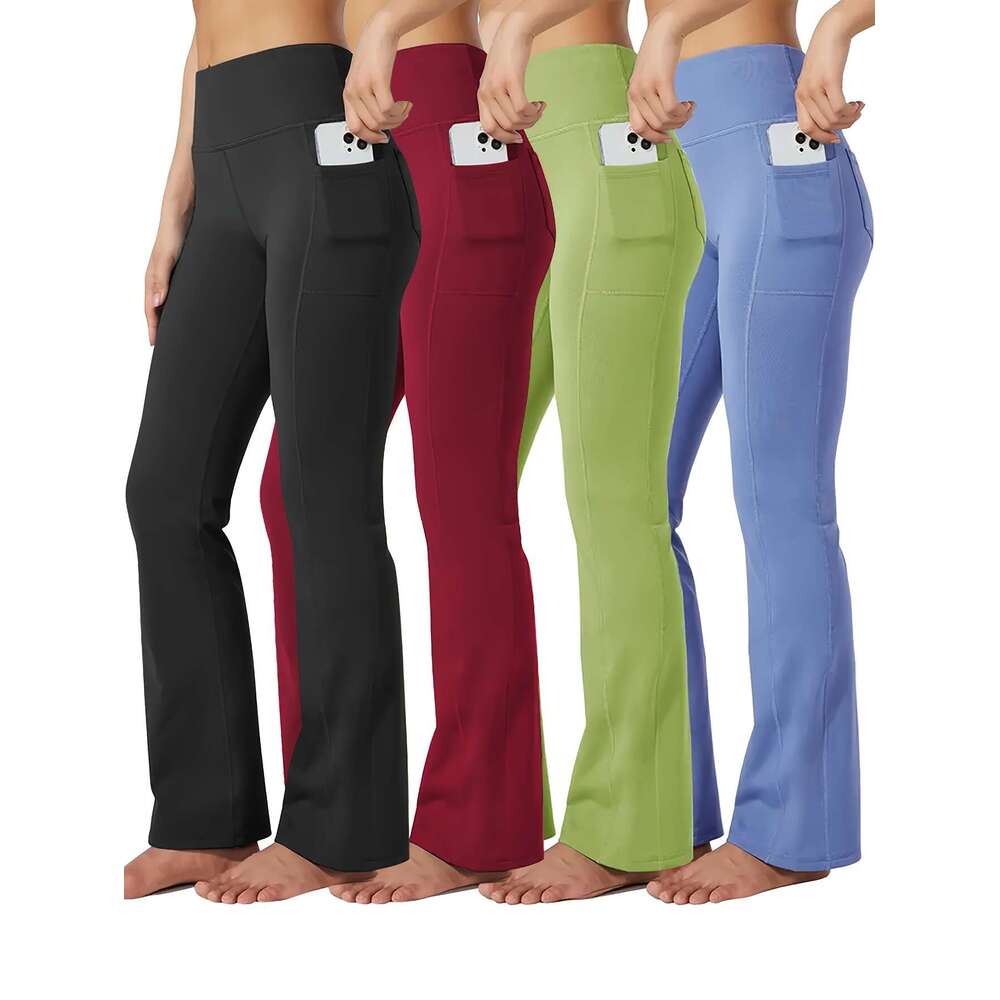 Plus size 4pcs set of sports pants with phone pocket, fashionable and casual hip lifting exercise yoga fiess bell pants, Women's sportswear