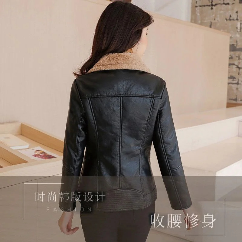 Winter PU Leather Jacket Women Short Blazers Coat Fleece Doublefaced Fur Leather Outerwear Lady Slim Suit Tops Jackets 251029