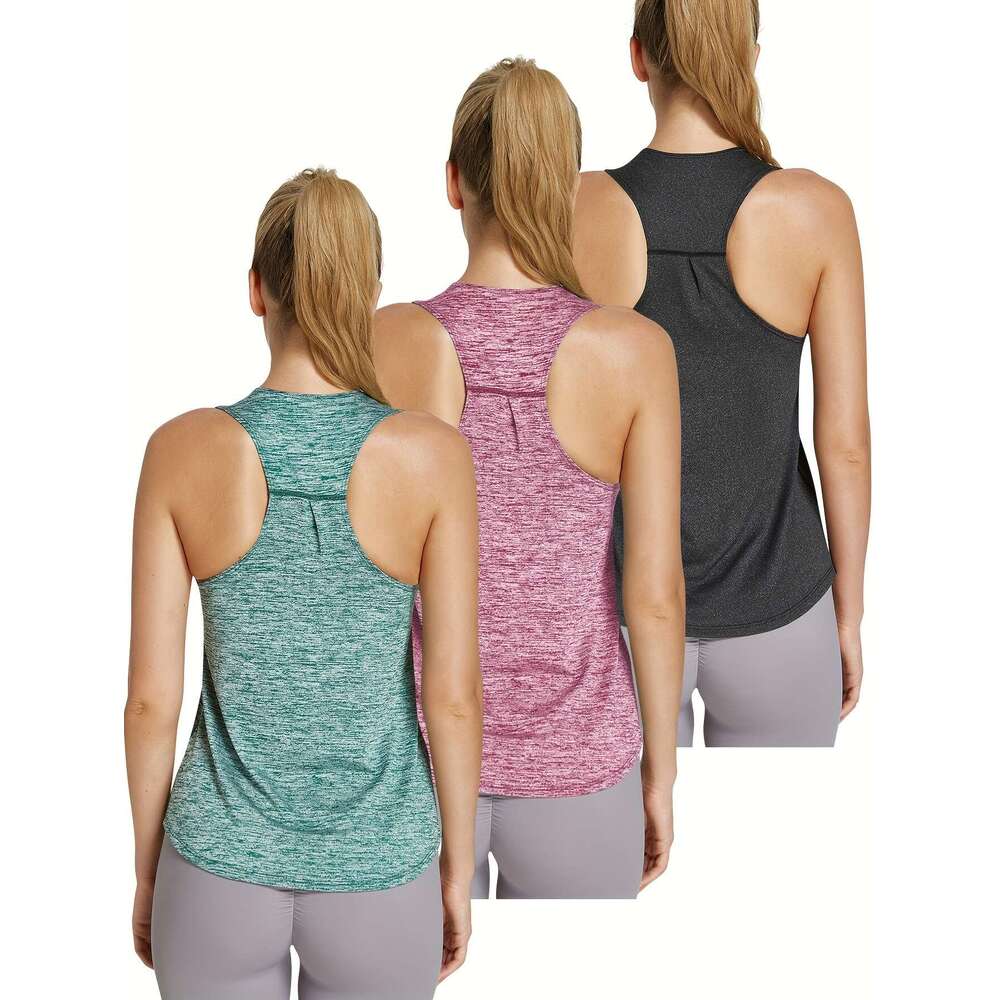 3Pcs Women's Quick-Dry Workout Tank - Sleeveless Racerback Fiess Shirts, Solid Color Athletic Training Tops For Gym, Yoga, Swimming All-Season We