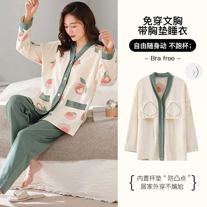 Newest Autumn Winter 100Cotton Womens Long Sleeve Pajamas Set V Neck Loose Soft M5XL Female Pyjamas With Cheast PadT251029