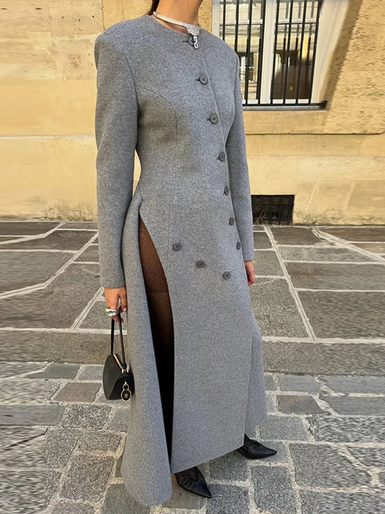 Womens Long Grey Woollen Coat Oneck Full Sleeve Asymmetric Button n Elegant Silhouette Warm Outerwear Autumn 251028