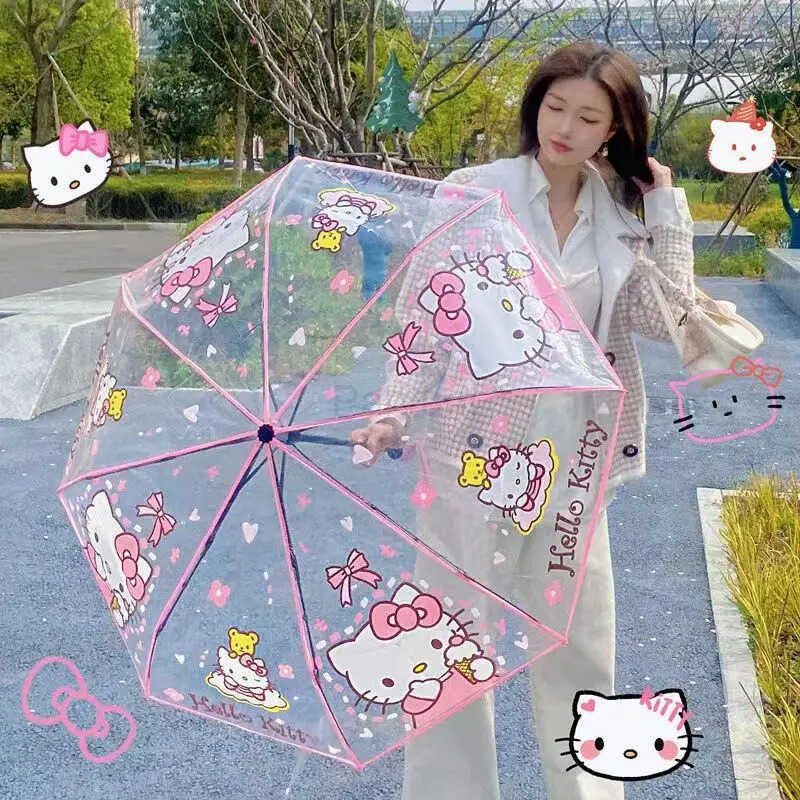 Sanrio Kawaii Hello Kitty Transparent Umbrella Anime Cartoon Sanrio Cinnamoroll Travel Portable Automatic Folding Umbrella Girl Gift L251029