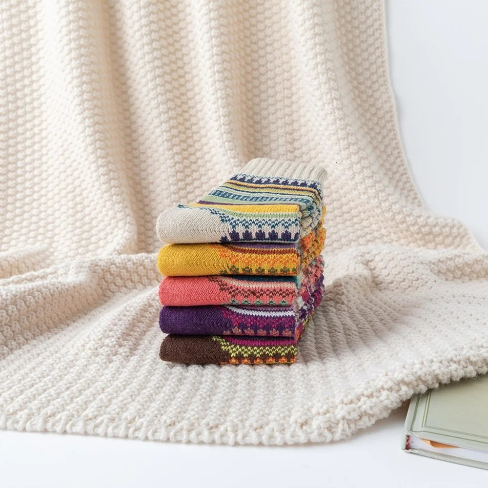 5 Pairs Autumn and Winter Cute Colorful Striped Women Warm Rabbit Wool Socks 251029