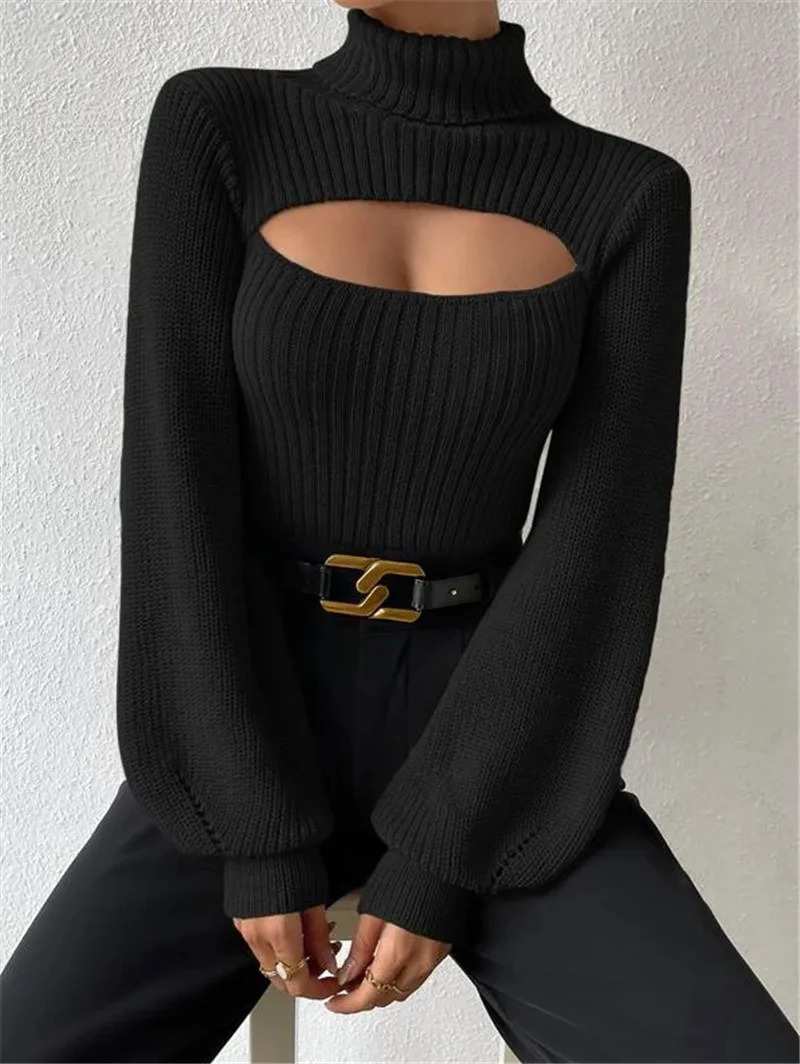 Autumn and Winter Sweater Sexy Loose Versatile High Neck Hollow Breast Leakage Sweater Women 251029