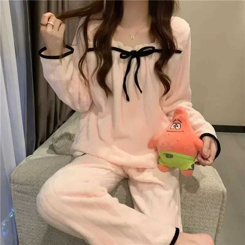 Square Collar Women Pajamas Set Winter Warm Sleepwear Fleece Velvet 2 Piece Pants Home Wear Suit Fluffy Korean Solid Night WearT251029
