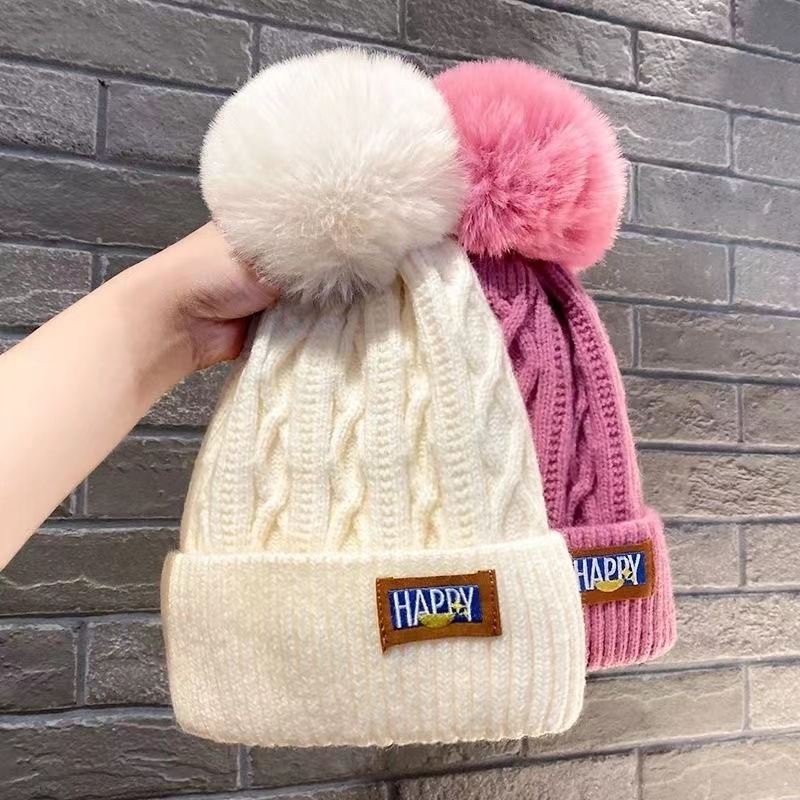 Women's Winter Fleece Lining, Warm Knitted with Pom-Pom, Korean Style Trendy Versatile Thickened Cold-Proof Hat