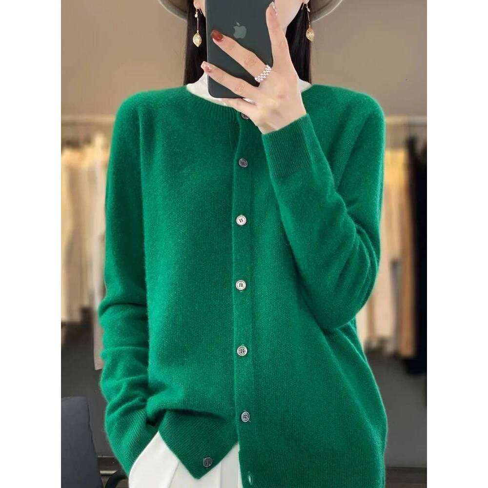 Aoaiiys Cardigan Women Fashion 100% Wool Cardigans Cashmere Sweater Autumn Winter Casual Coat O-Neck Long Sleeve Loose Knit Tops