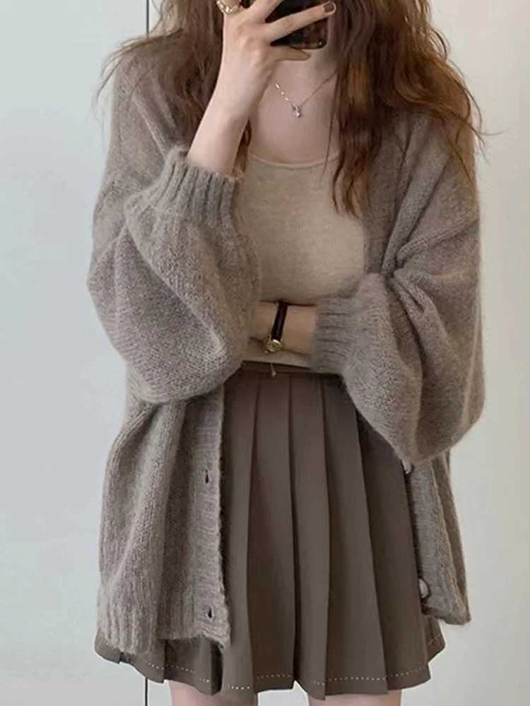 New Fashion Puff Sleeve Button Knitted Cardigan Womens Weaters Autumn Winter Long Sleeve Casual Loose Women Sweater CoatT251028