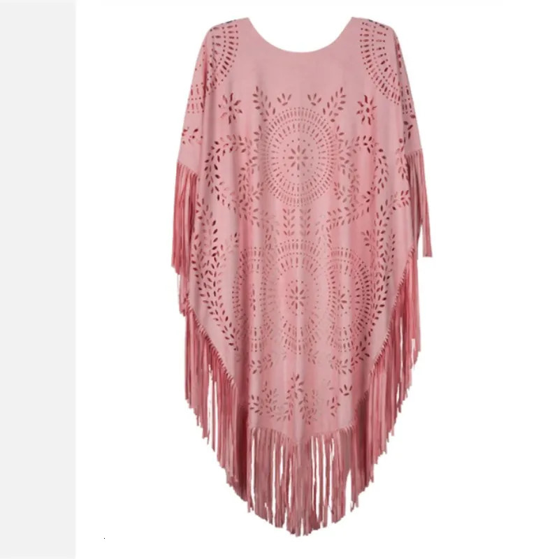 Camel Suede Floral Hollow Out Fringe Tassel Shawl Women Vintage Capes Ponchos Autumn Bohemian cardigan Cloak Boho Capes 251029