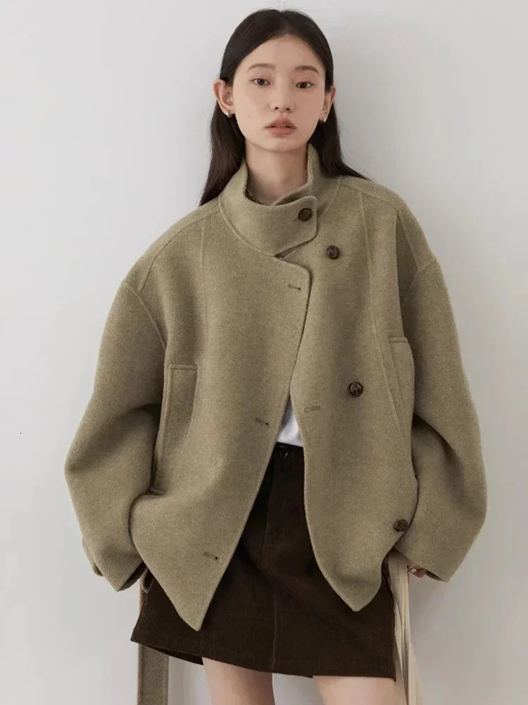 CHIC VEN Womens Doublesided Belt Woolen Coat Short Loose Overcoat Solid Female Outerwear Woman Jackets Autumn Winter 251029