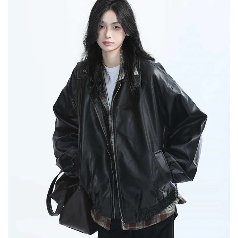 Retro Ladies Fashion Zipper Faux Leather Jacket Spring Autumn Women Long Sleeves Leather Coat 2025 Female PU Leather Outwear 251029