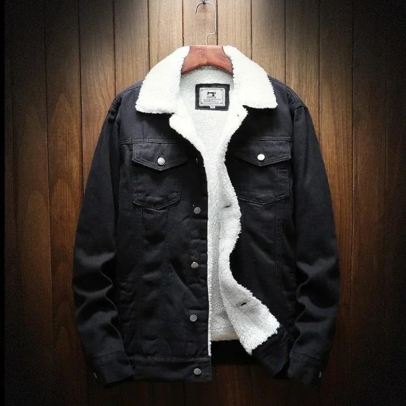 Denim Jackets Man Warm Padding Jeans Coat for Men Padded Black Wool Slim Fit with Sheep Fashion Winter Size L Trendy Large 251024