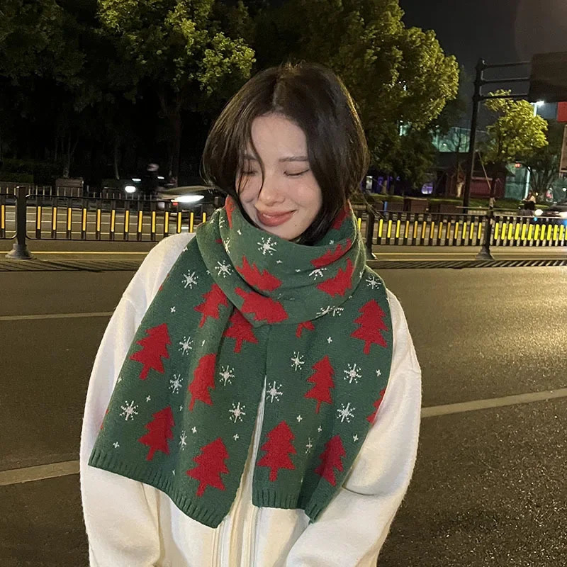 1 Pairs Christmas Tree Red Knitted Scarf Womens Match Christmas Gift Autumn and Winter Warm Neck Protection Scarf Green Scarf 251029