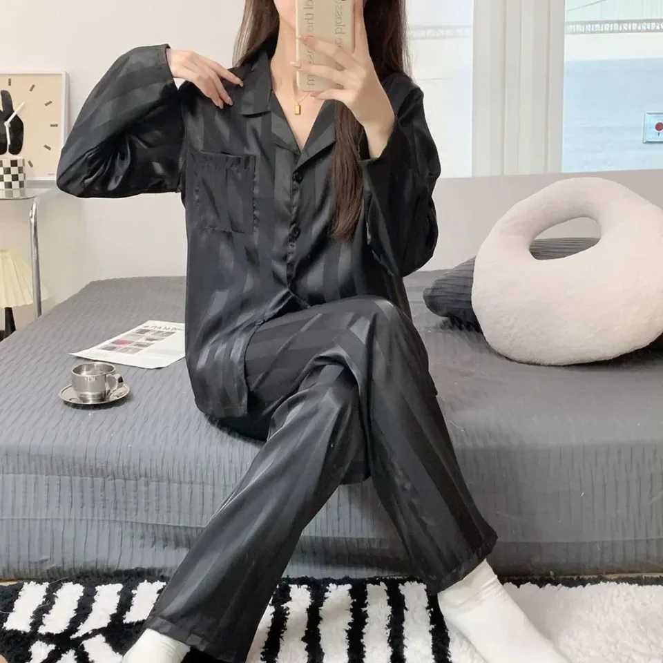 Women Pajamas Striped Pijama Sets Silk Satin Female Home Clothes Sleepwear Longsleeve Shirt Pants Homewear Shirt Pants LoungeweaT251029