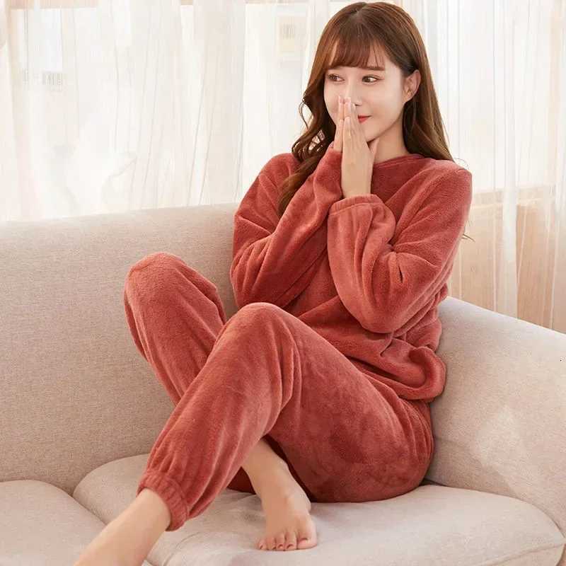 New Women Cozy Loose Set Top Homewear Longsleeved lax 2 Piece Solid color Warm Pyjamas Autumn Winter Pajamas Warm Coral FleeceT251029