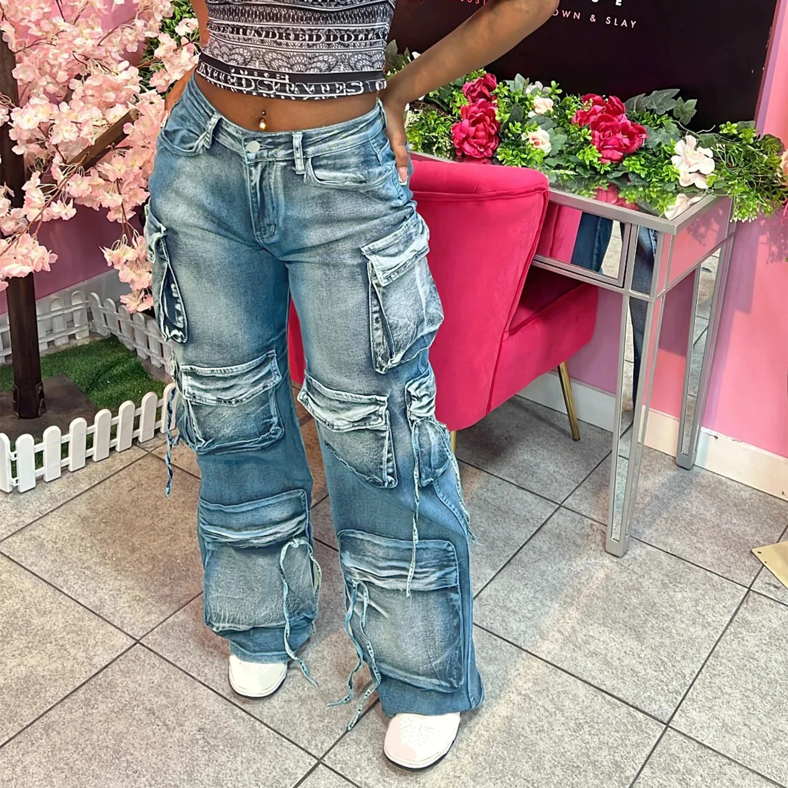 Retro Womens Cargo Jeans Mid Rise Denim Pants with MultiPockets Casual Long Trousers for Outdoor Office 251029