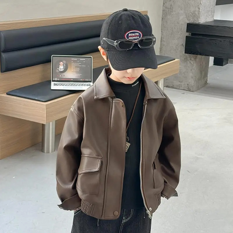 Korean Boys Faux Leather Jacket Kids Stylish Solid Brown Color Artificial PU Coat Child High Fashion Autumn Outfit Age 5 To 14Y 251028