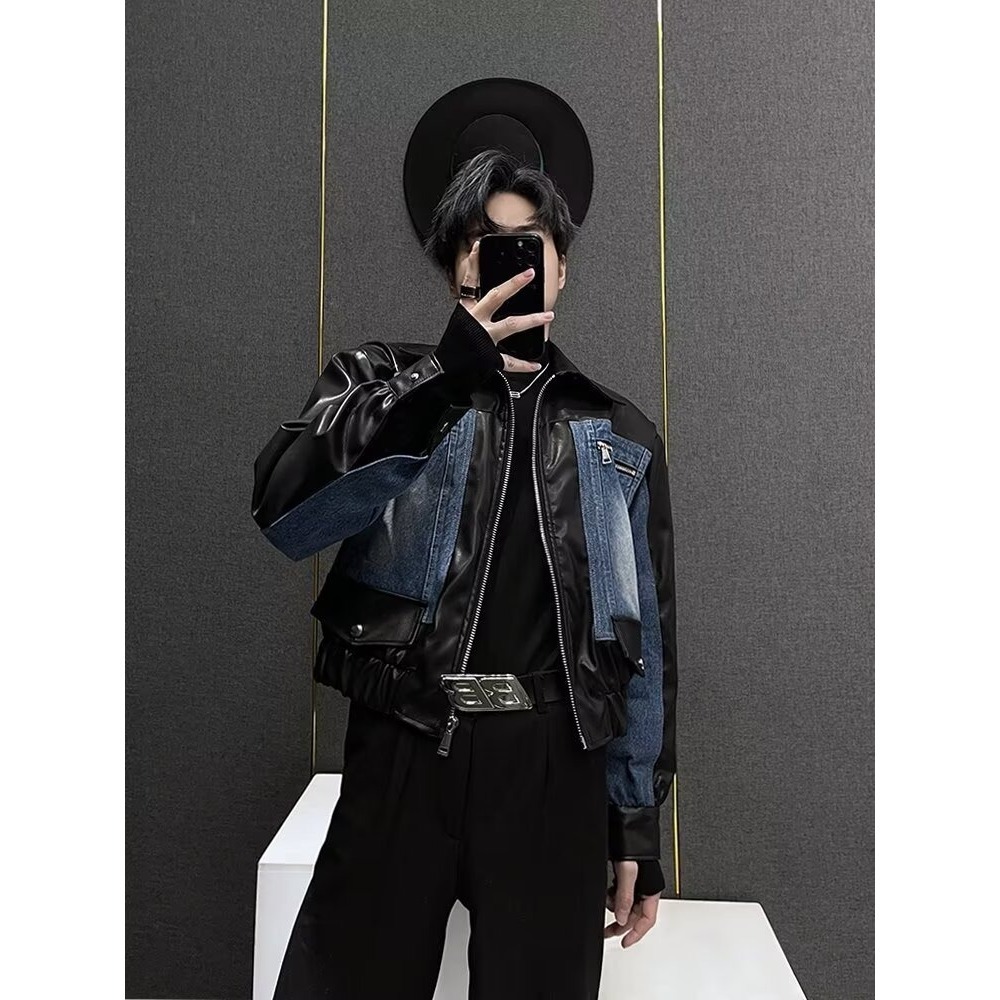 Patchwork Leather Denim Jacket For Men Autumn And Winter Niche Designer Jacket Patchwork Design Korean Style Short Jacket Casual Versatile Top