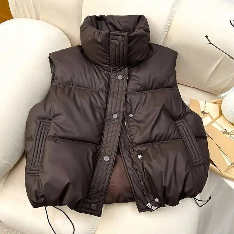 Winter Down Cotton Vest Jacket Womens 2025 Sleevele Stand Parkas Warm Short Vest Coat Female Waistcoat Overcoat Ladies Tops 251029