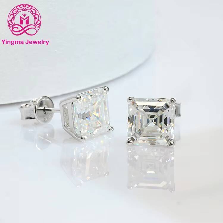 Fine Women Jewelry Moissanite Earrings 925 Sterling Silver Gra Certified VVS 1ct 25 Carat Asscher Cut Moissanite Stud Earrings