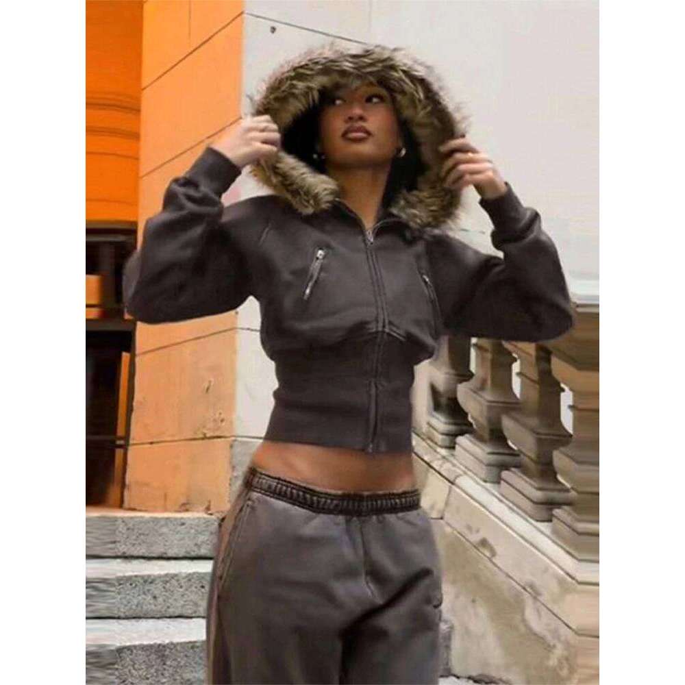 Fashion Solid Feather Hooded Short Jacket Women Zipper Pockets Full Sleeve Waist-closed Coat 2025 Autumn Lady New Street Outwear