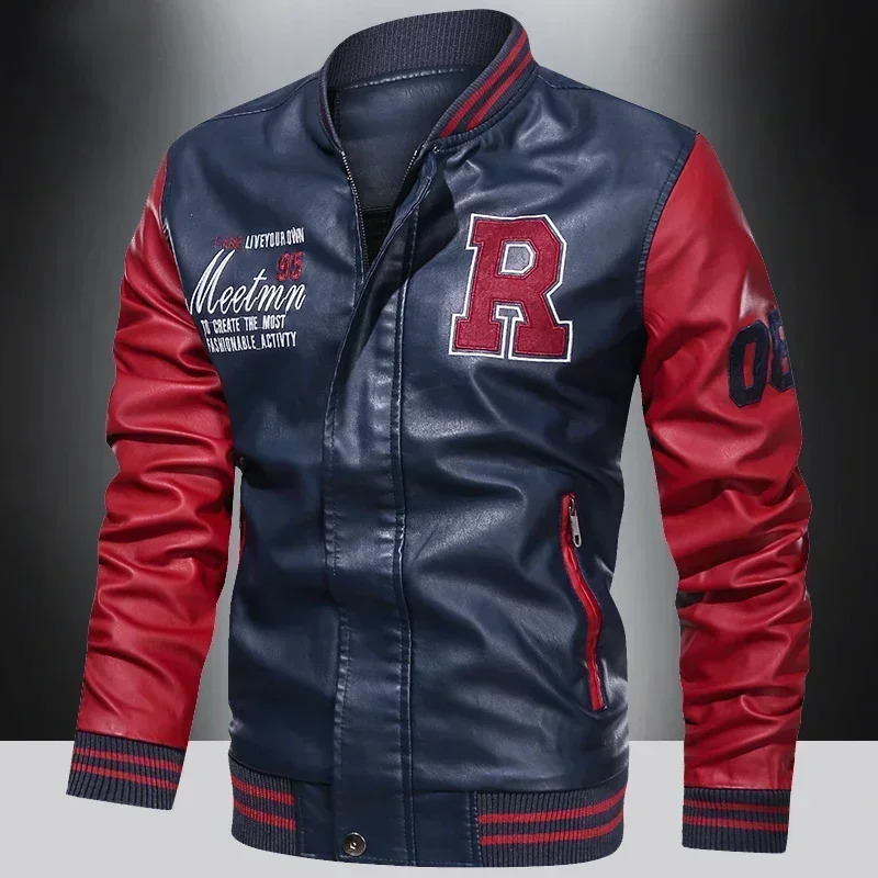 Mens American Baseball Collar Pilot Casual PU Spring and Autumn Leather Jacket Motorcycle Suit Color Blocking 251028