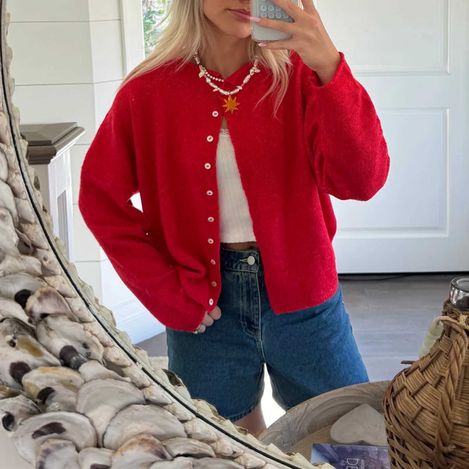 Combhasaki Womens Y2K Chic Solid Color Knitwear Cardigan Fuzzy Long Sleeve Buttondown Front Closure Loose Fit Basic SweatersT251028