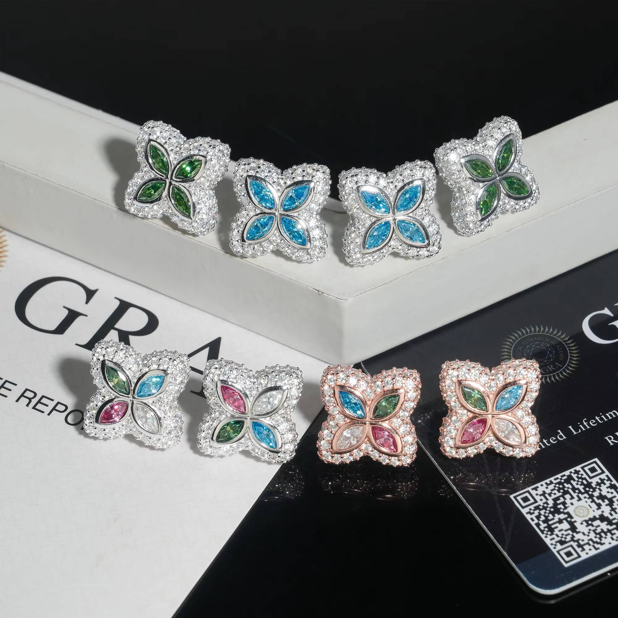 Ready to Ship 15mm Color Moissanite Flower Stud Earrings 925 Silver Hip Hop Earrings Iced Out Earrings Pass Diamond Test