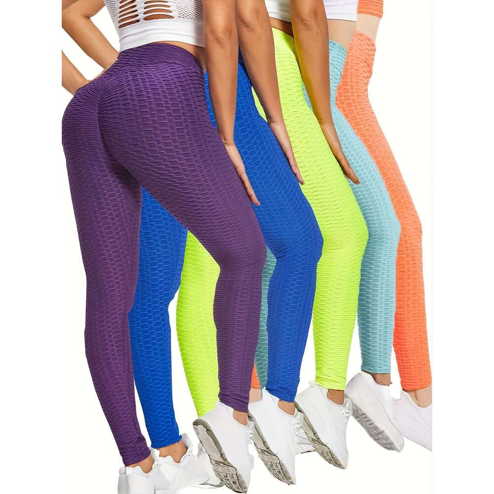 5pcs High Waist Honeycomb Sports Running Leggings, Women's Fiess Yoga Tight Pants Activewear